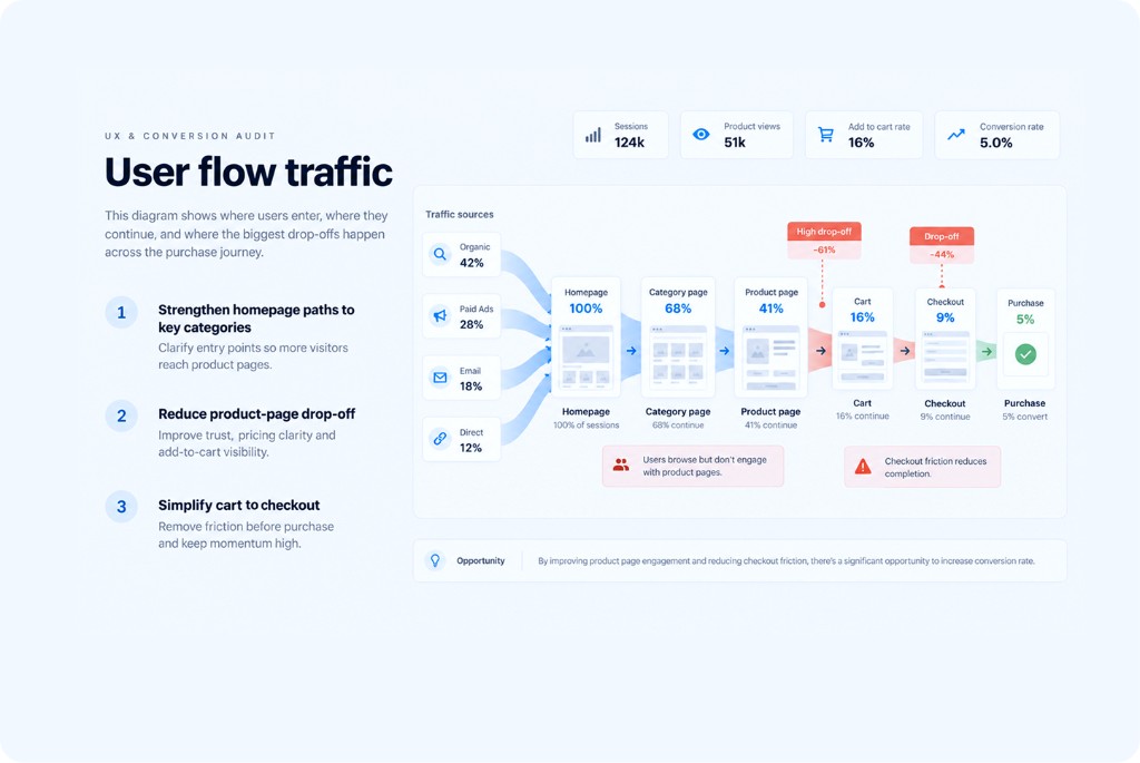 Traffic sources and funnel drop-off