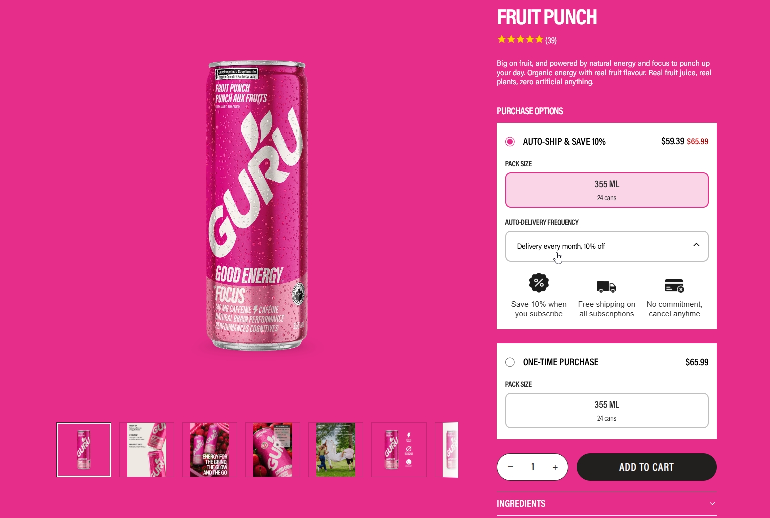 Guru Energy Fruit Punch product page with gallery, subscription options, and add to cart