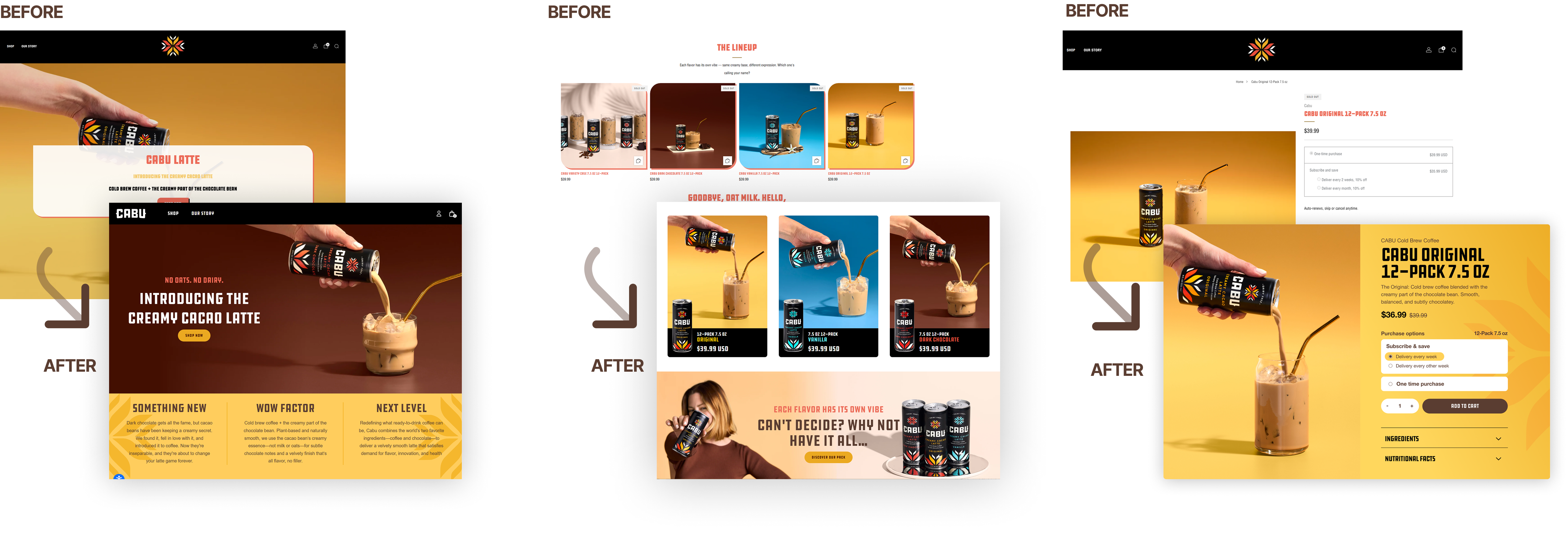 Cabu before and after homepage, lineup, and product page layouts