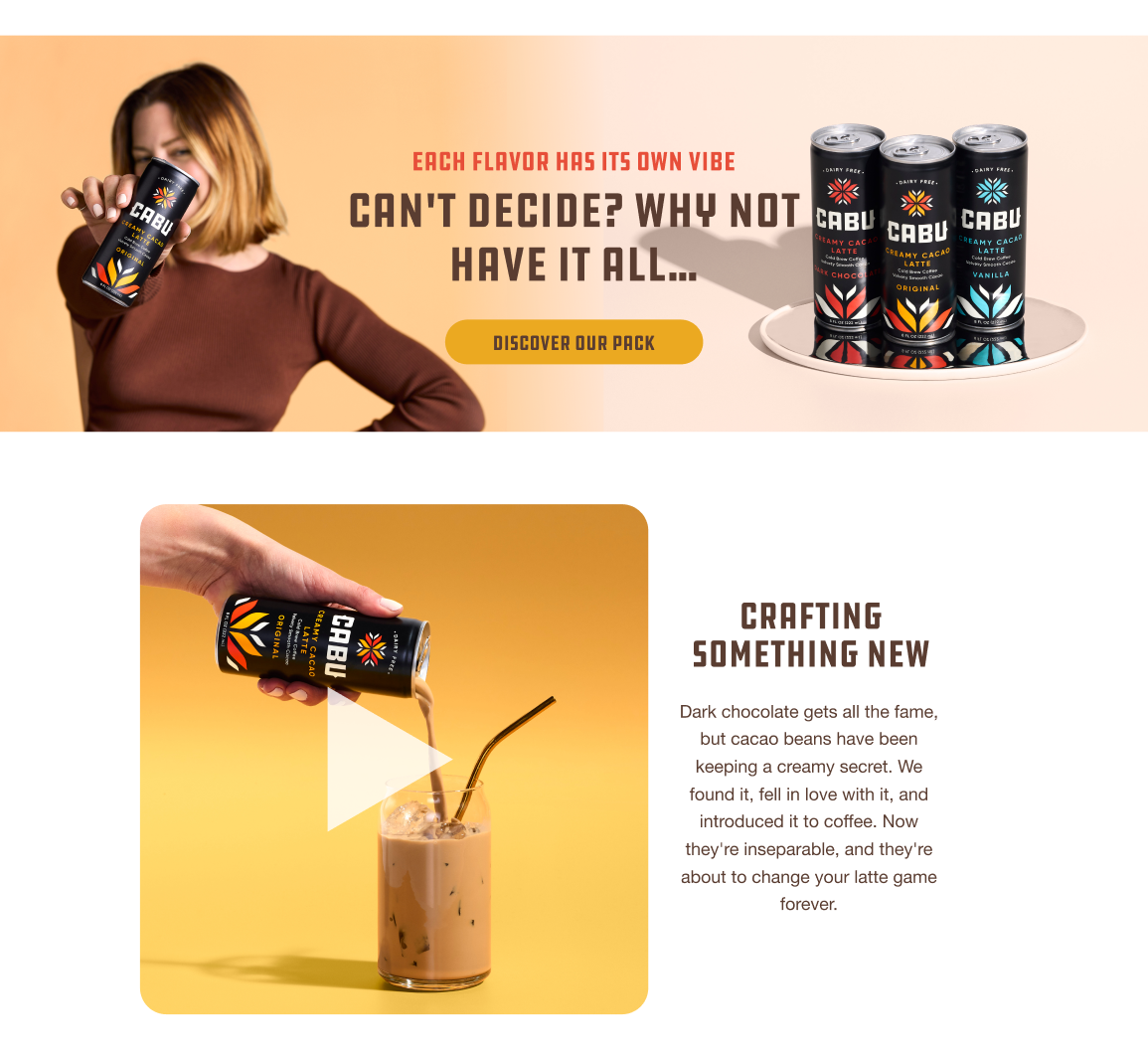 Cabu customized homepage sections with pack CTA and brand storytelling