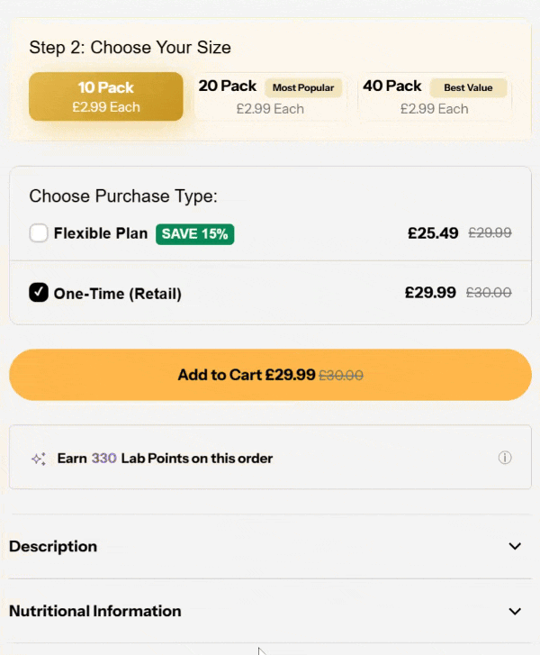Impossibrew size selector and subscribe versus one-time purchase options