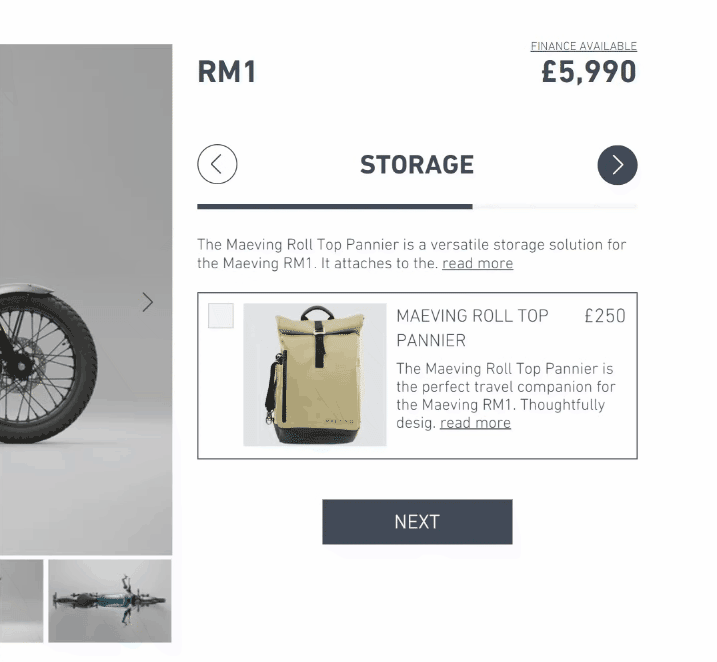 Maeving storage and addon options in the configurator