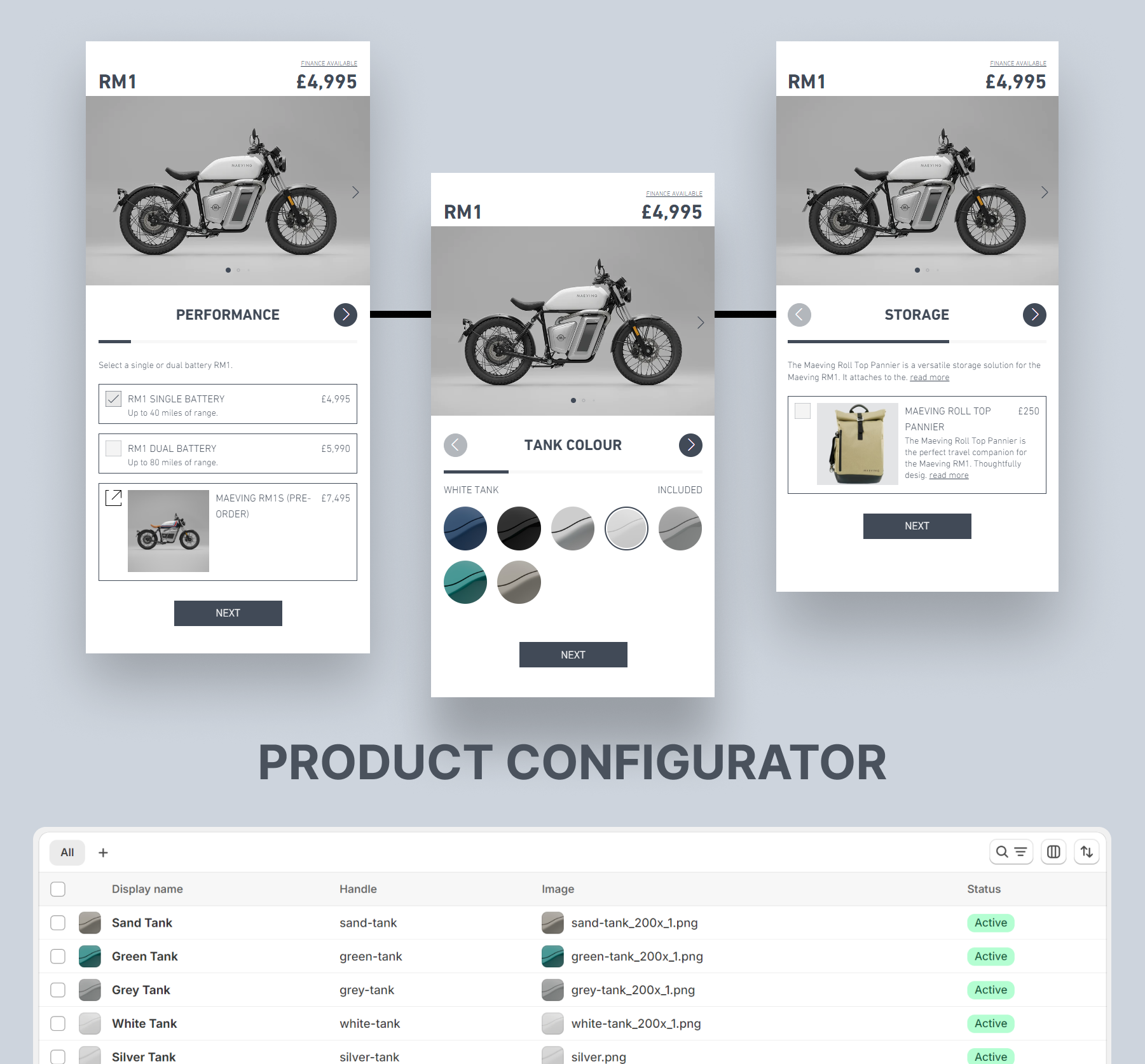 Maeving tank colour options managed in Shopify metaobjects