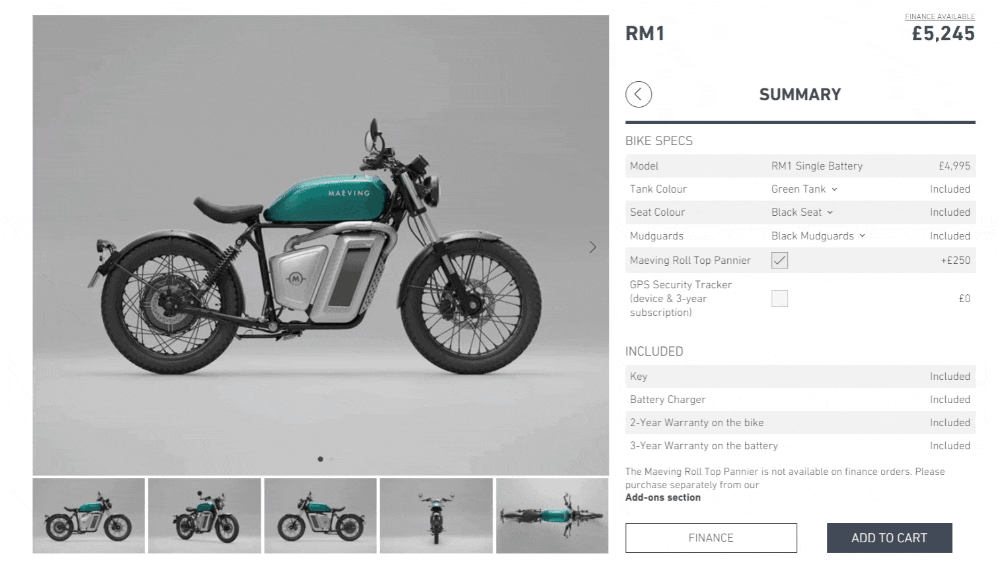Maeving configurator summary page with live price and gallery updates