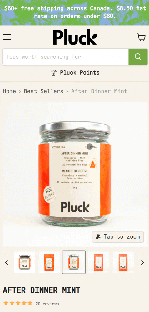Pluck Tea mobile product page with variation gallery